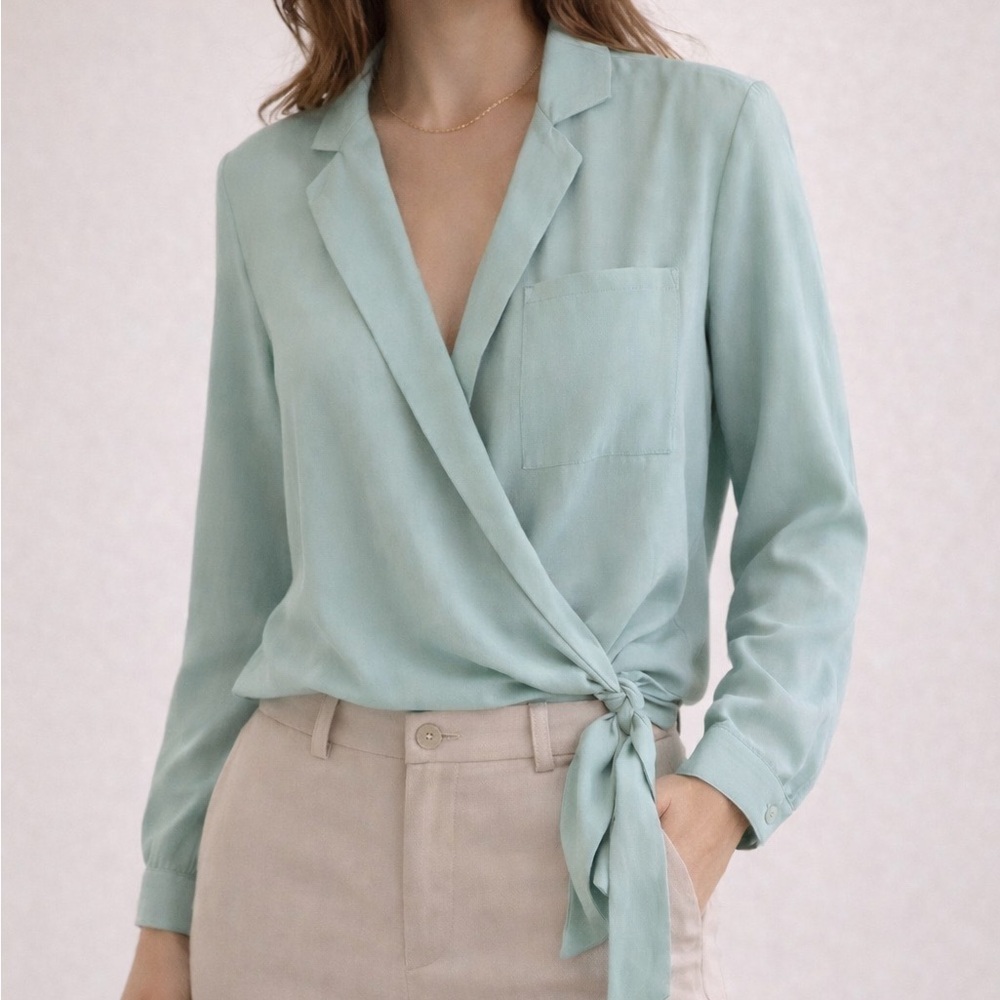 Zara Wrap Tie Front Blouse XS Light Turquoise Surplice Top Feminine Spring Top